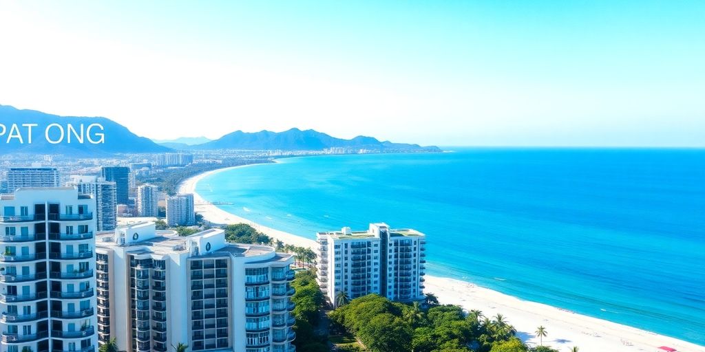 Patong beach with condominiums and vibrant surroundings.