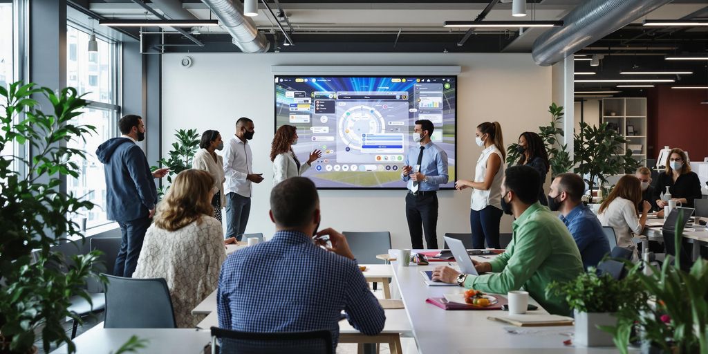 Diverse professionals collaborating in a modern office environment.
