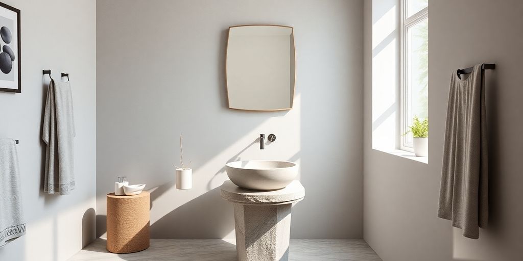 Modern bathroom with elegant stone pedestal washbasin.