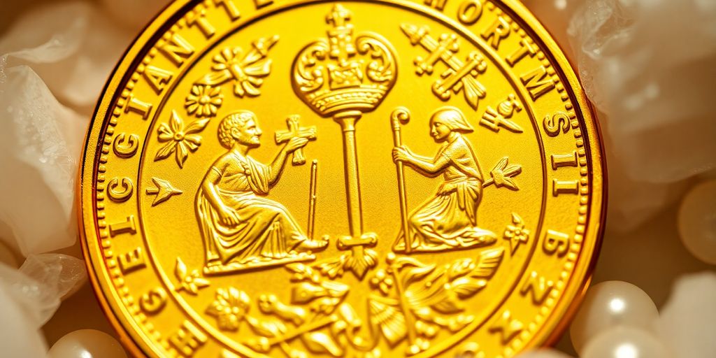 Pièce d'or avec motifs religieux détaillés.