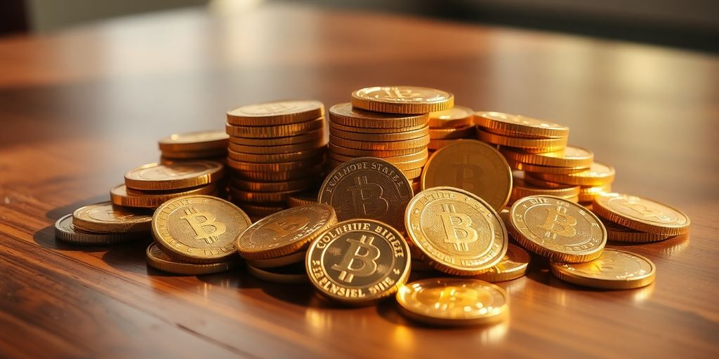Pièces d'or brillantes sur une table en bois.