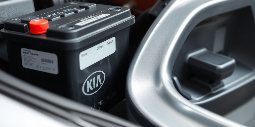 Close-up of a Kia car battery and door panel.