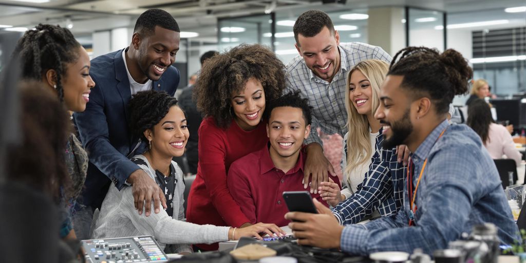 Diverse mennesker som samarbeider om digital kompetanse.