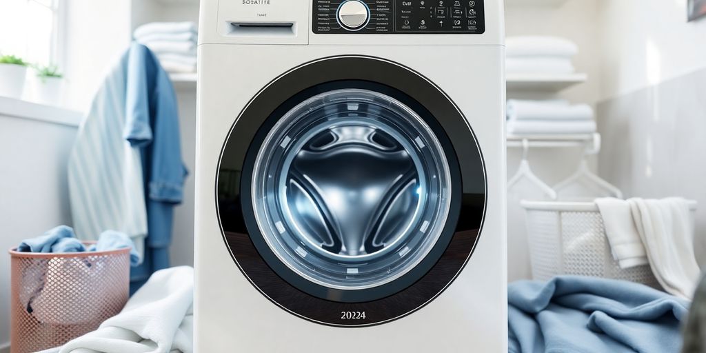 Moderne Waschmaschine in heller Waschküche.