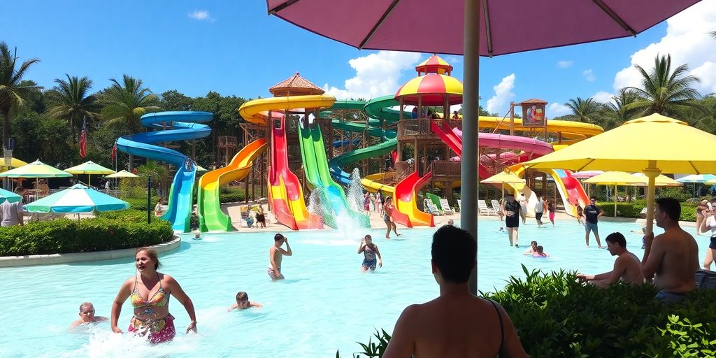 Colorful water park with slides and families enjoying sunshine.