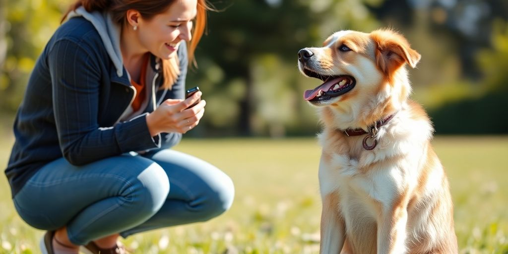 Dog training with a clicker in a sunny park.