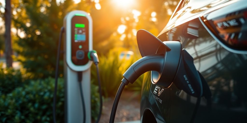 Electric vehicle charging station in a green environment.