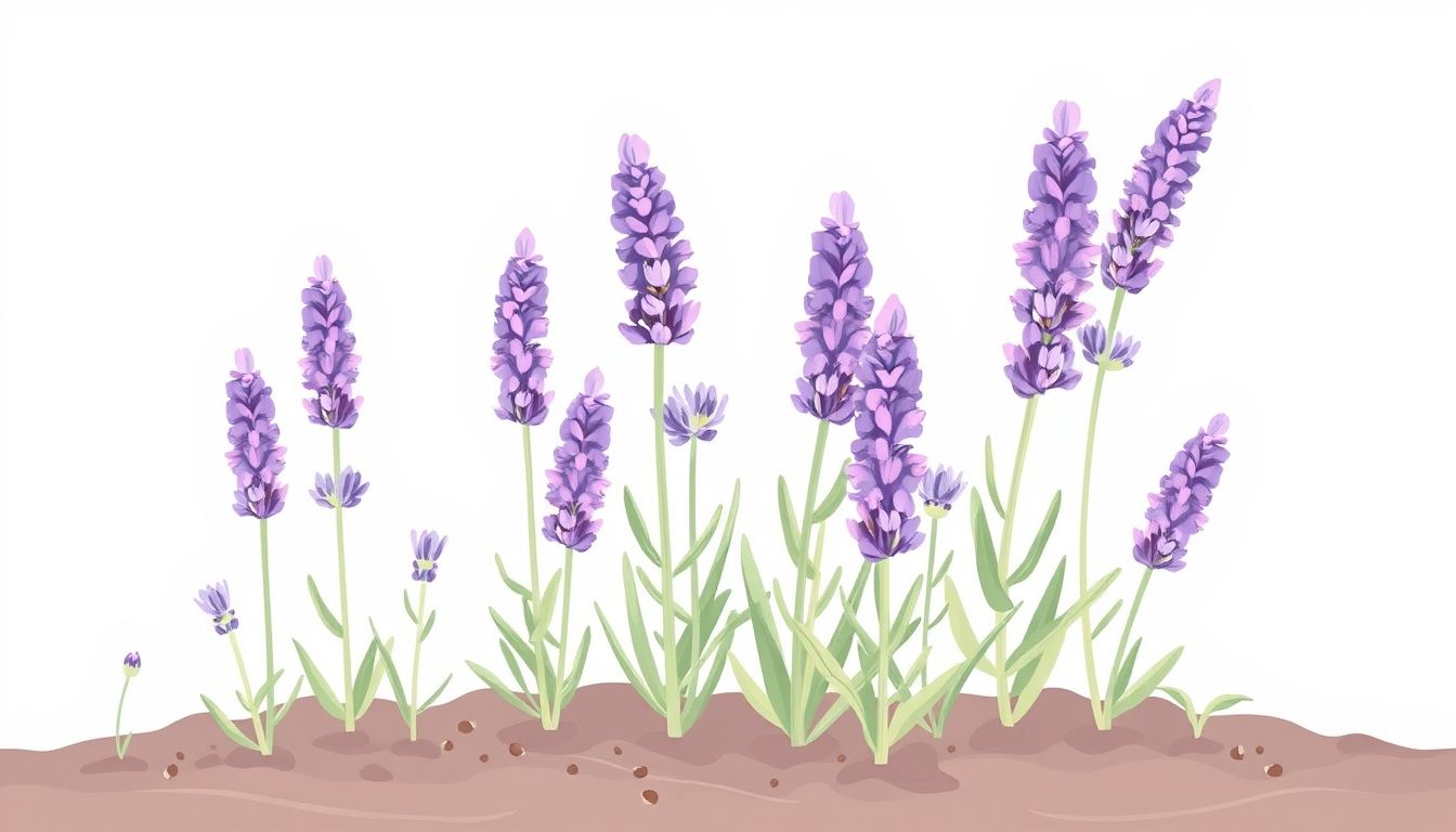 Lavender plants in different growth stages.