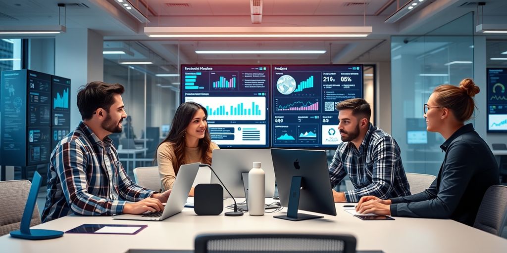 Profissionais de marketing digital colaborando em escritório moderno.