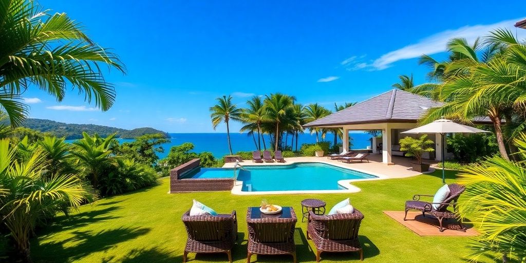 Tropical villa in Phuket with pool and gardens.