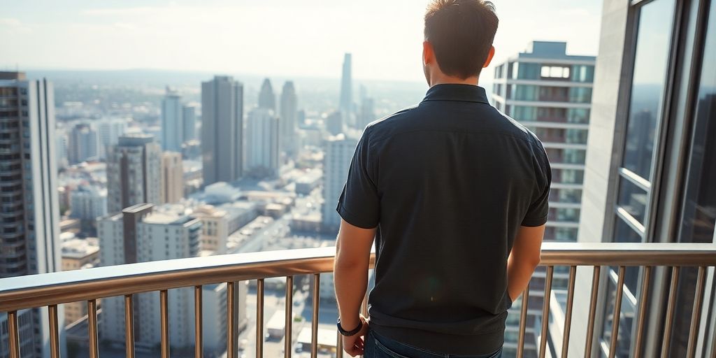 A person thoughtfully looking at a vibrant cityscape.