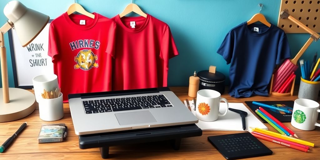 A workspace with print-on-demand products and a laptop.