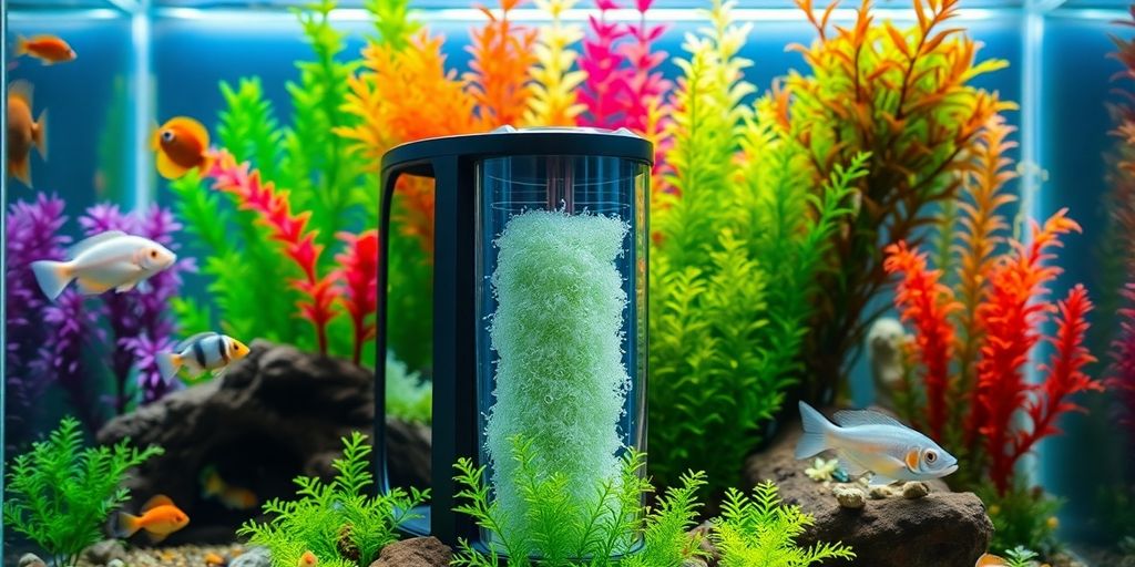 Modern aquarium filter with colorful fish and plants.
