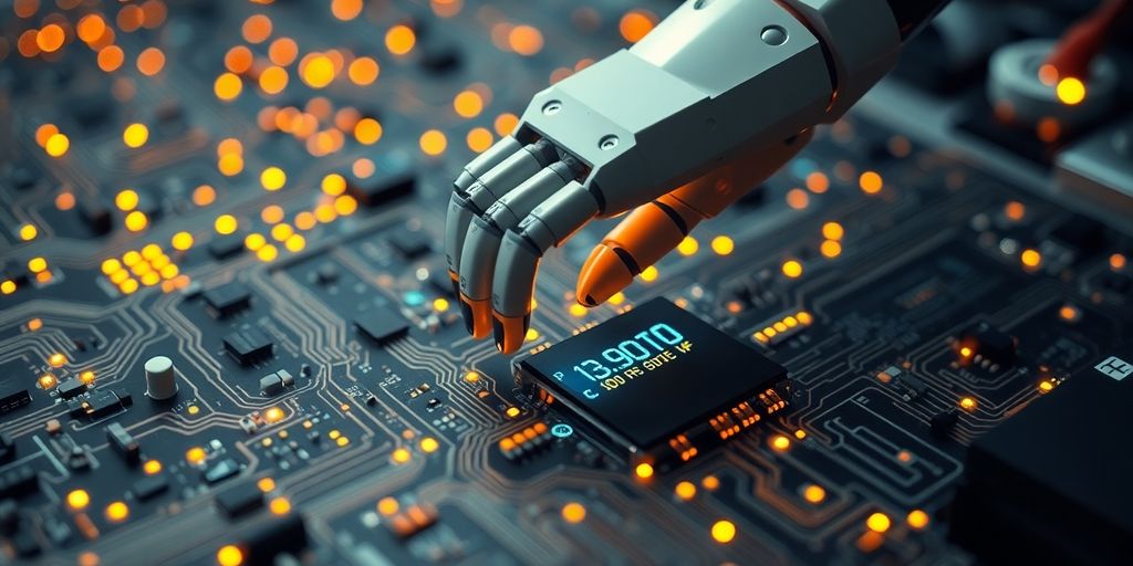Robot arm adjusting complex digital circuitry.