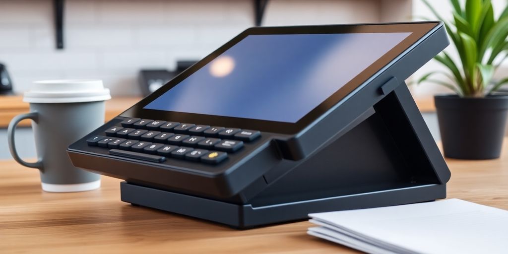 Modern POS terminal on a countertop with business items.