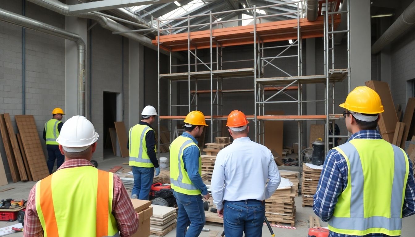Construction workers at a busy refurbishment site.