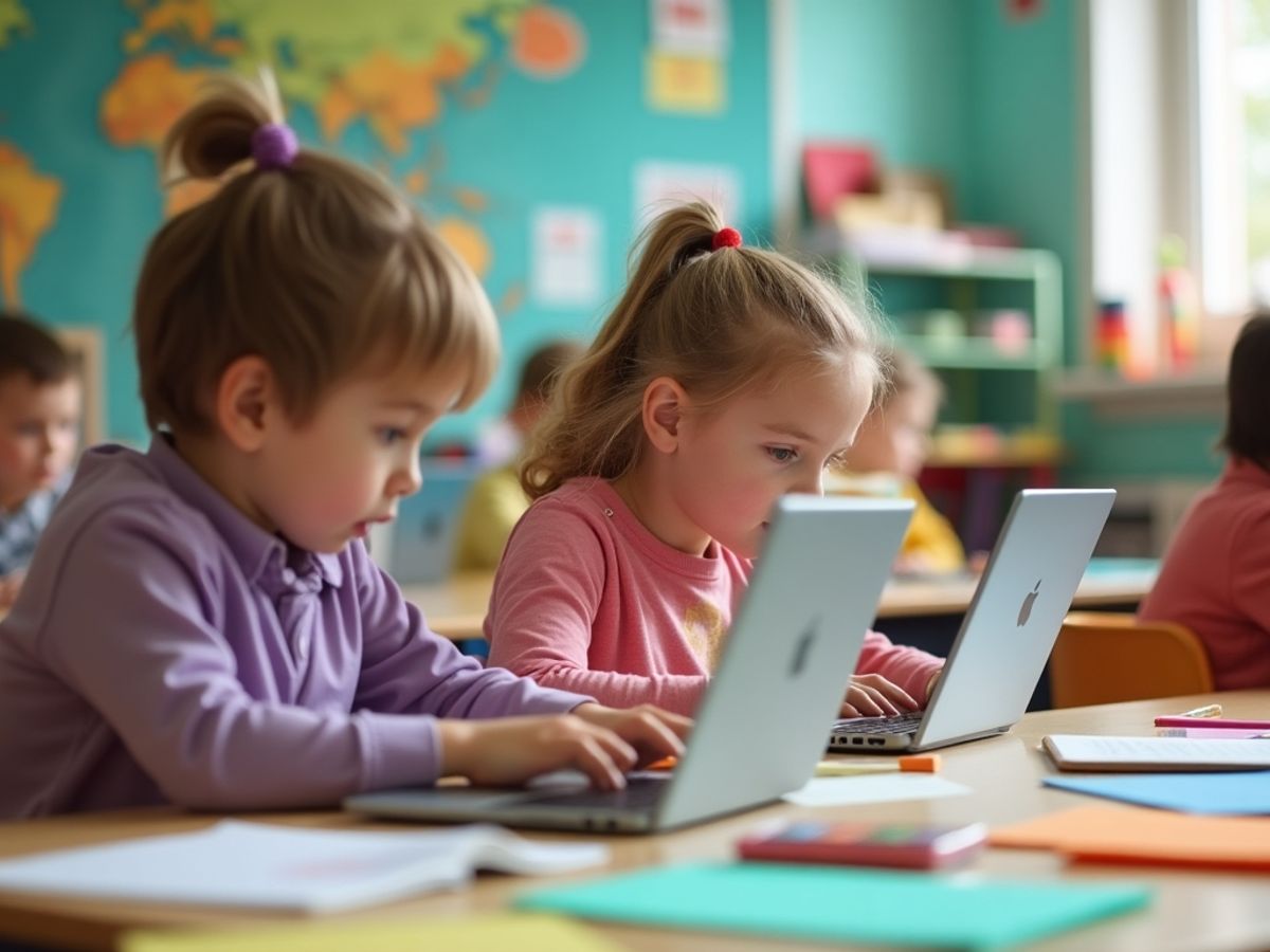 Copii învățând online într-o clasă modernă.