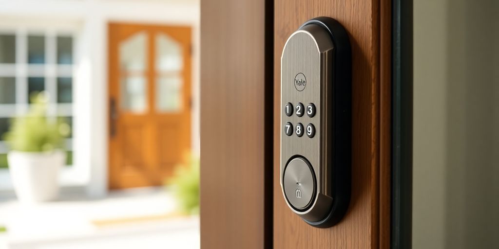 Yale Assure Lock 2 smart lock on a wooden front door.