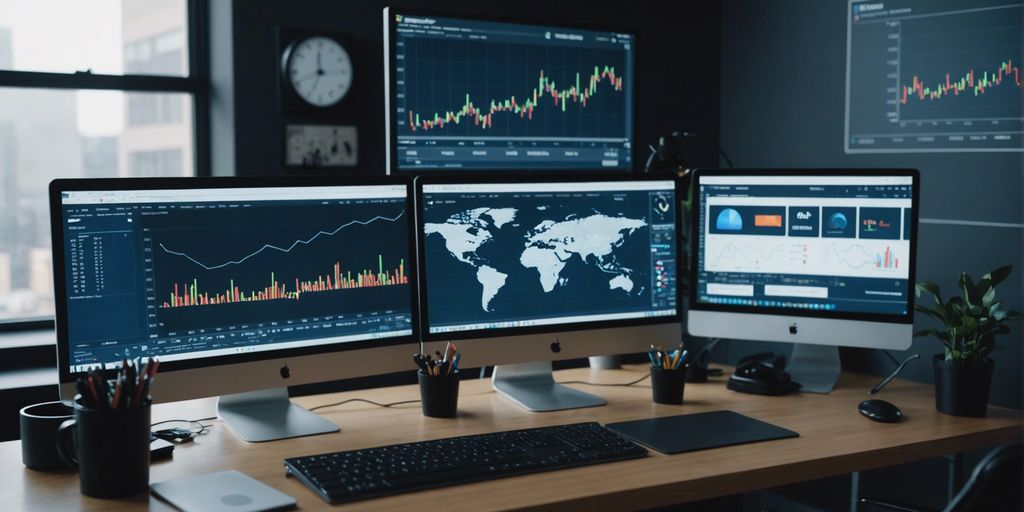 Modern office with tech gadgets and charts on screens, representing digital marketing strategies for technology companies.