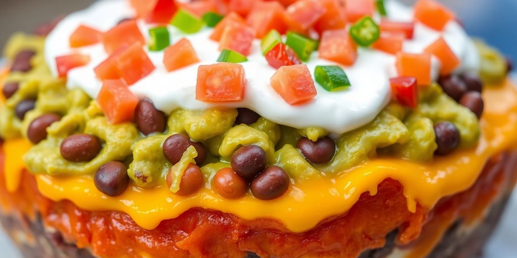 Vibrant 7 layer dip with visible tomato topping.