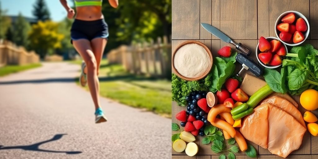 Person running on path, healthy food.