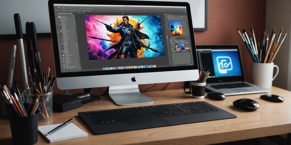 Digital artist's workspace with Photoshop open.