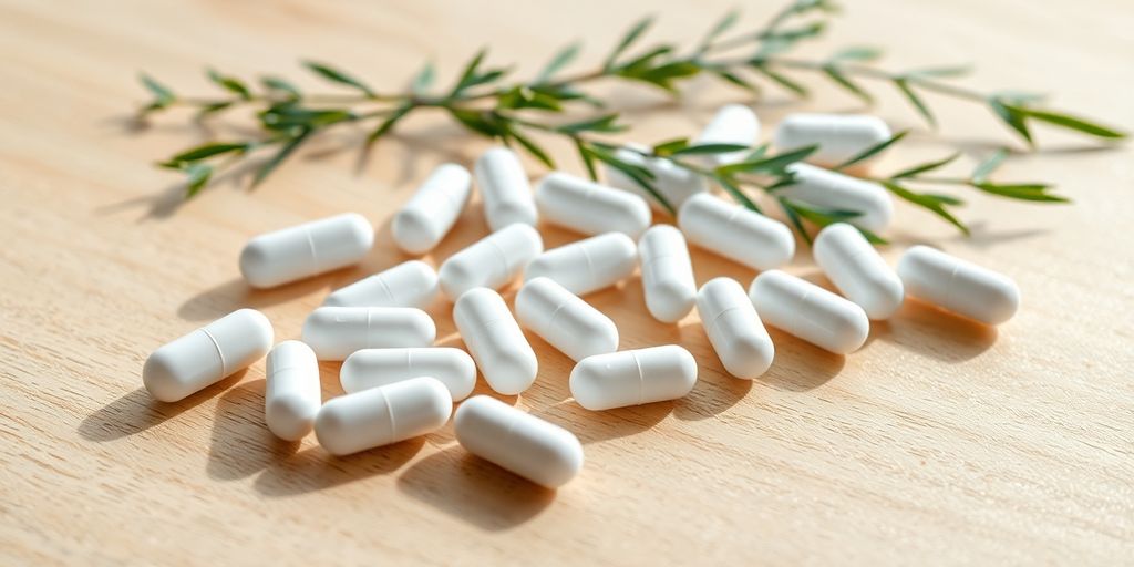 L-Lysine supplement capsules on a natural background.