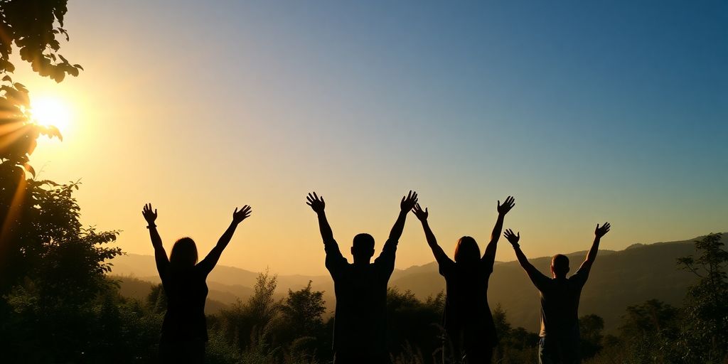 Silhouettes in a sunrise landscape, symbolizing fresh beginnings.