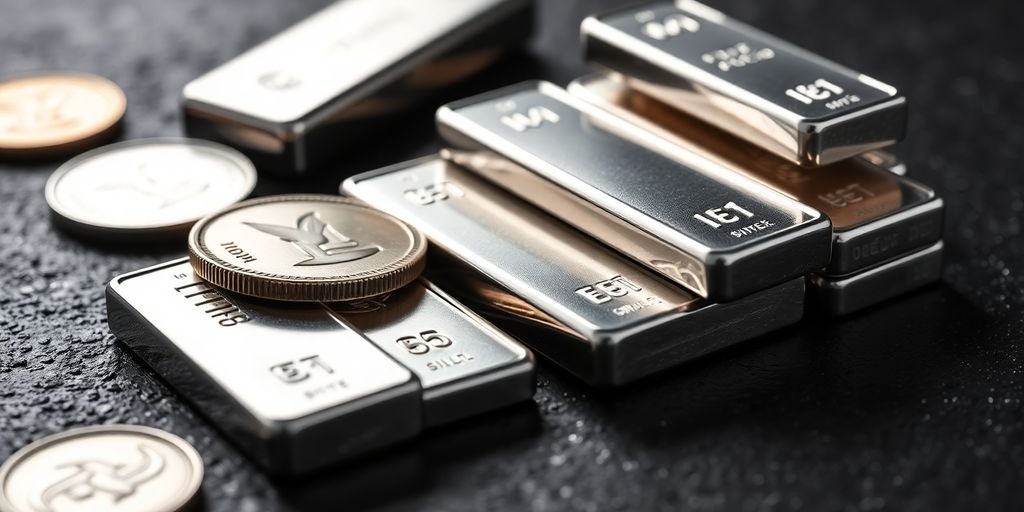 Pièces d'argent brillantes, lingots d'argent empilés