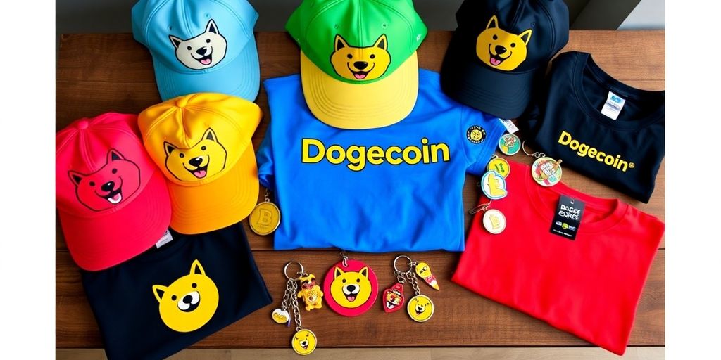 Colorful Dogecoin accessories including hats, shirts, and keychains.
