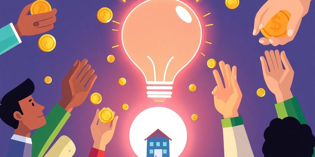 Cartoon people donating to a startup.