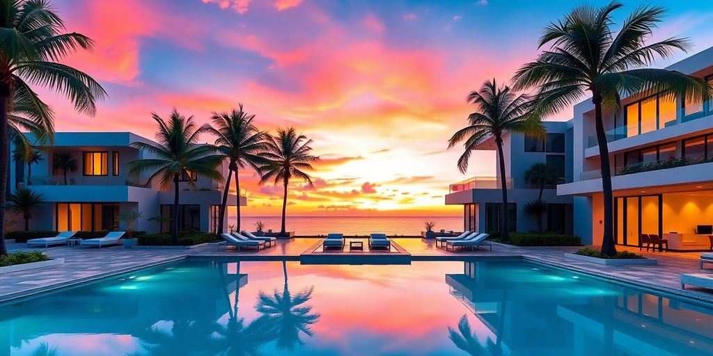 Snoop Dogg's Miami Beach house with pool and palm trees.