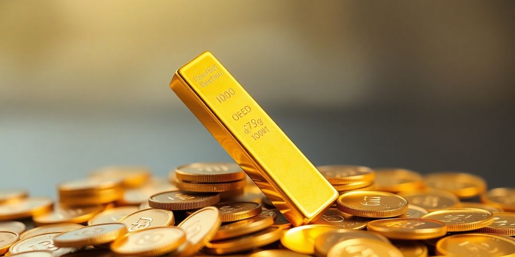 Barre d'or et pièces de monnaie en arrière-plan.