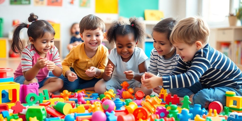 Kinderen spelen met kleurrijk educatief speelgoed.