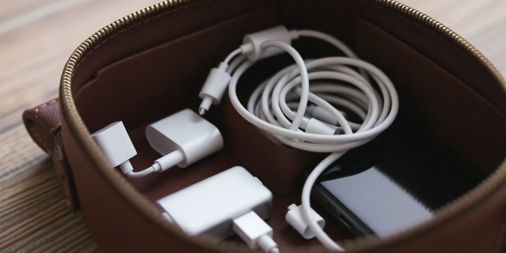 Leather organizer with cables and chargers inside.