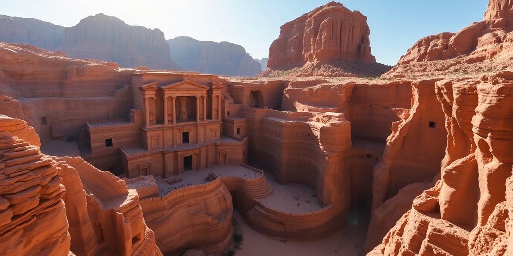 Petra's Treasury carved into rose-red sandstone cliffs.