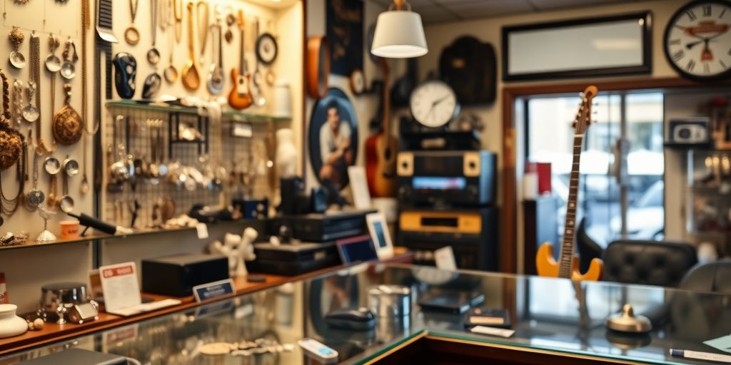 Boutique de prêt sur gage avec divers objets de valeur.
