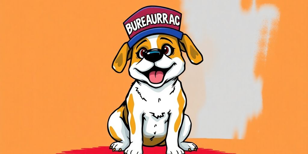 A dog wearing a Bureaucracy Meme Hat.