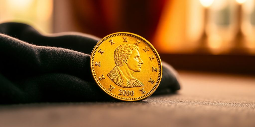 Pièce de Napoléon en or sur un tissu en velours.