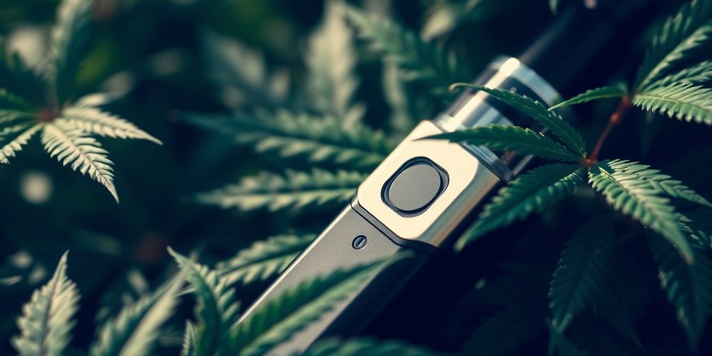 Κοντινή φωτογραφία από THC vape και φύλλα κάνναβης.