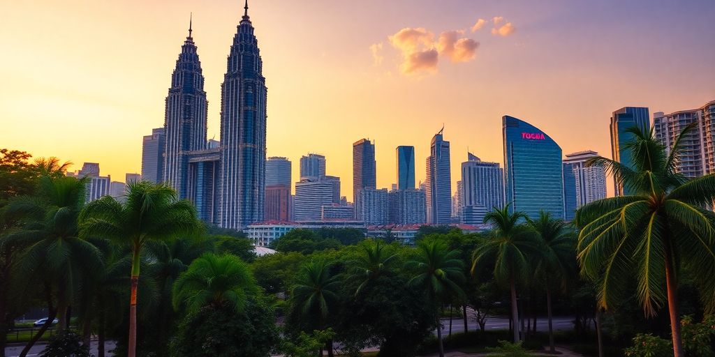 Modern Kuala Lumpur skyline with lush greenery.