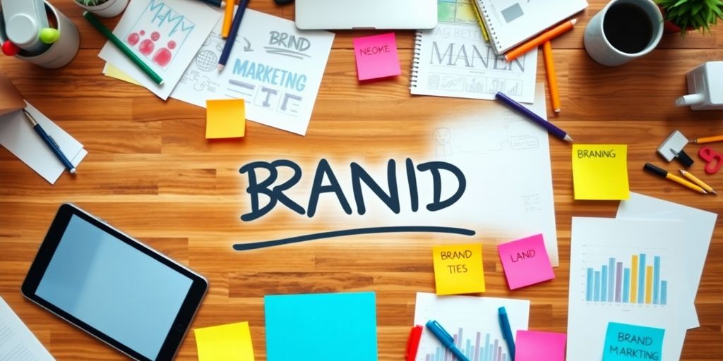 A workspace with branding tools and creative materials.