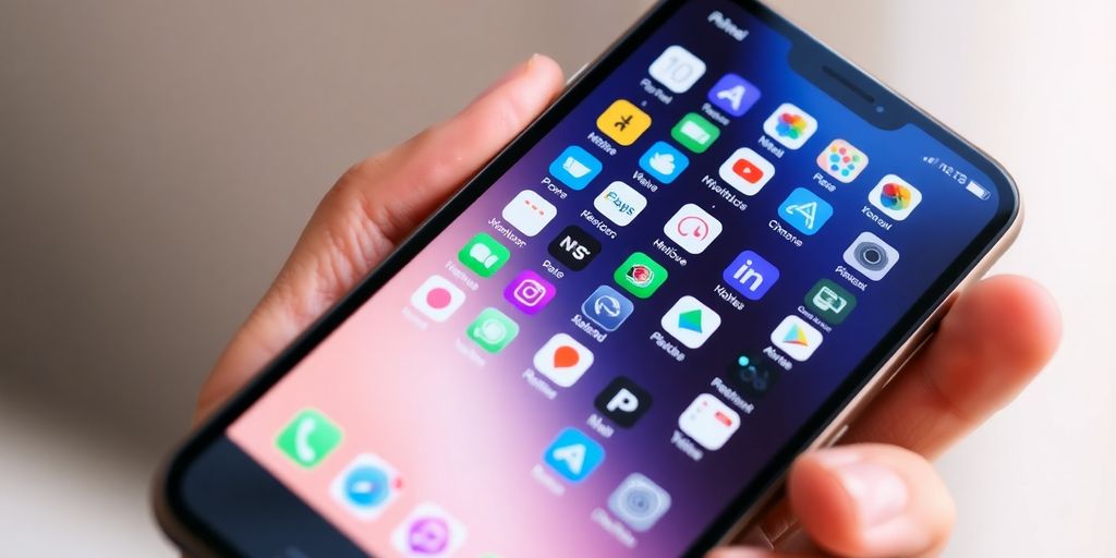 Mão segurando um celular com muitos ícones de aplicativos.