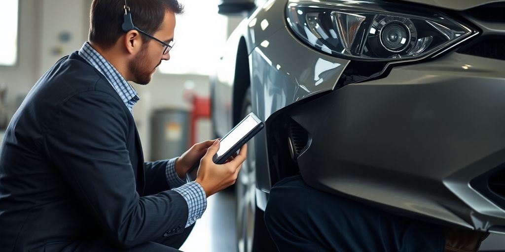 Perito de seguros examinando los daños de un coche.