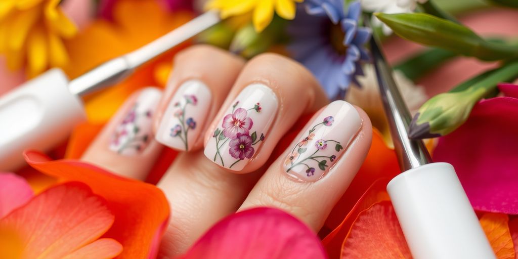Unhas decoradas com adesivos florais