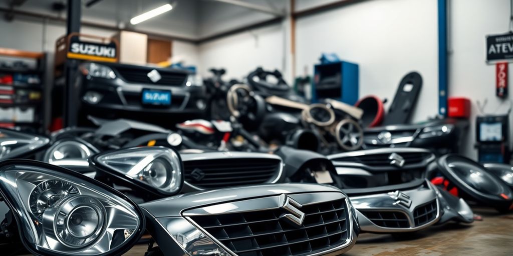 Suzuki car parts arranged neatly.