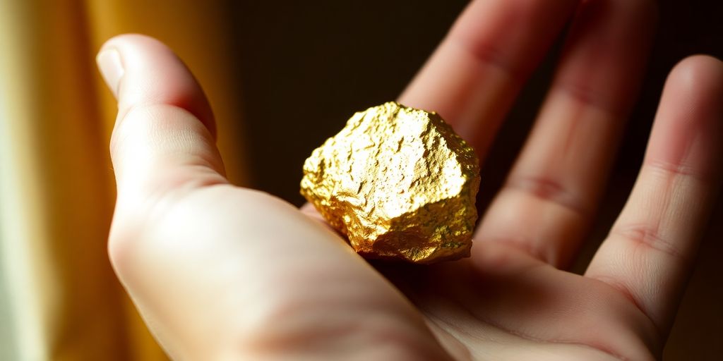 Main tenant une pépite d'or brillante
