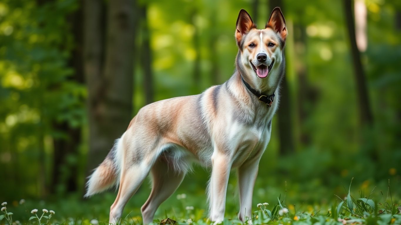 Finnish Hound in a vibrant forest setting.