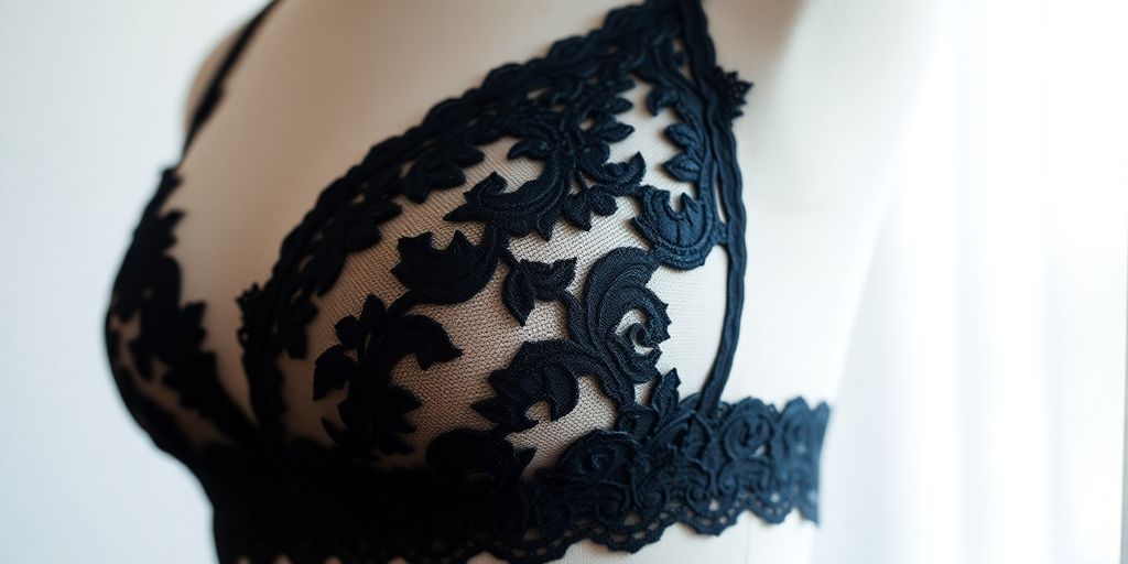 Close-up of black lace bra on mannequin.