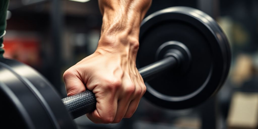 Muscular forearm gripping a heavy barbell in gym.